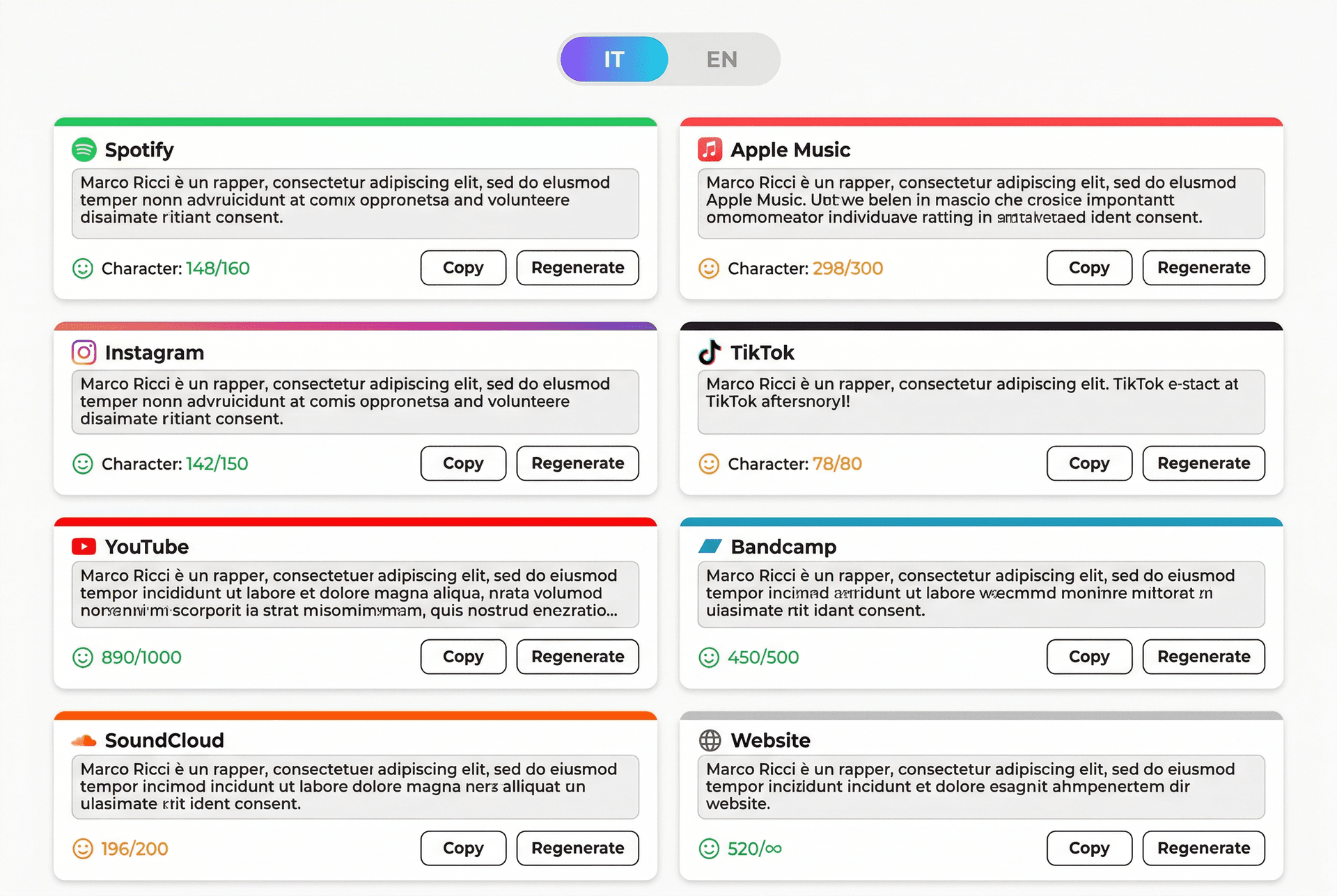 Bio Writer — bio ottimizzata per 8 piattaforme con conteggio caratteri