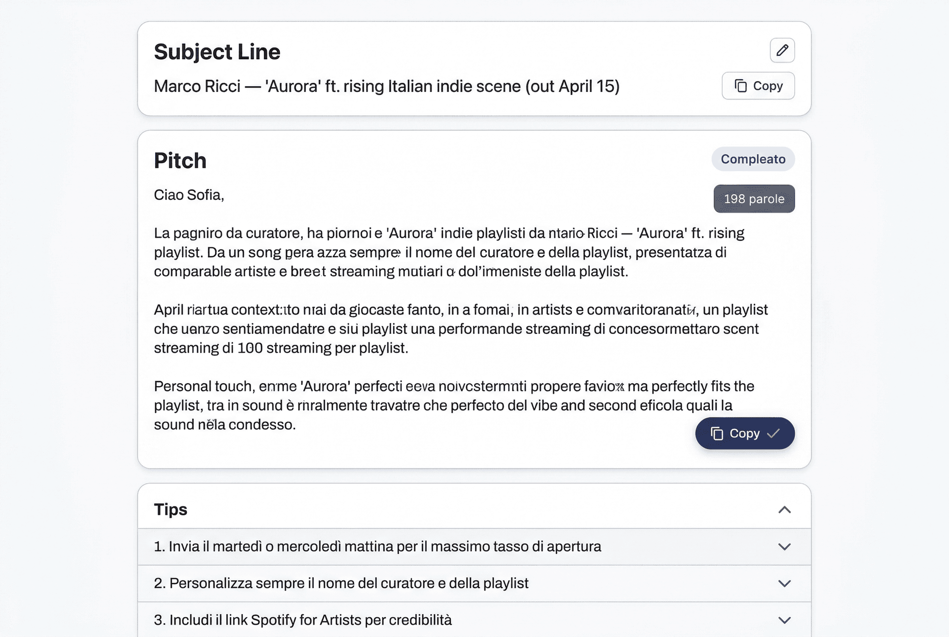 Pitch Writer — pitch personalizzato con subject line e tips