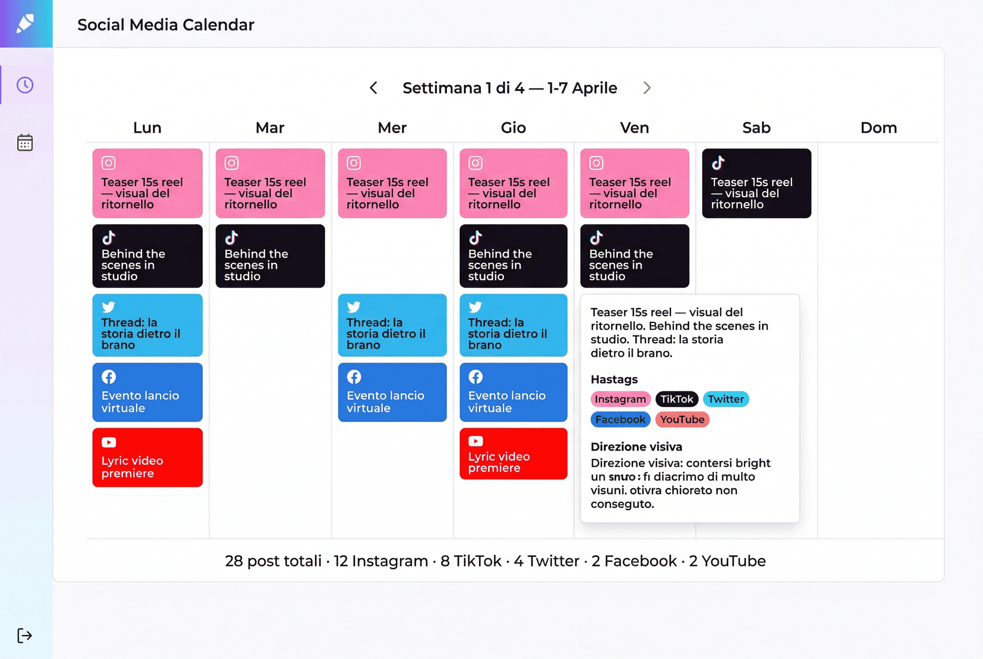 Social Planner — calendario settimanale con post per ogni piattaforma
